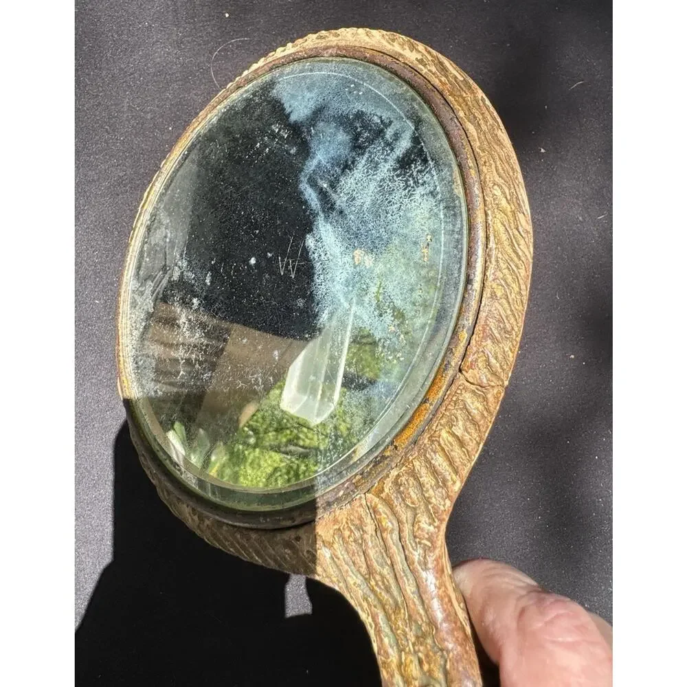 Antique Victorian Sterling And Wood Mirror Beveled Glass Hand Mirror 10 1/2